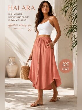 Halara High Waisted Drawstring Pocket Flowy Midi‎ A-Line Skirt XS NWT